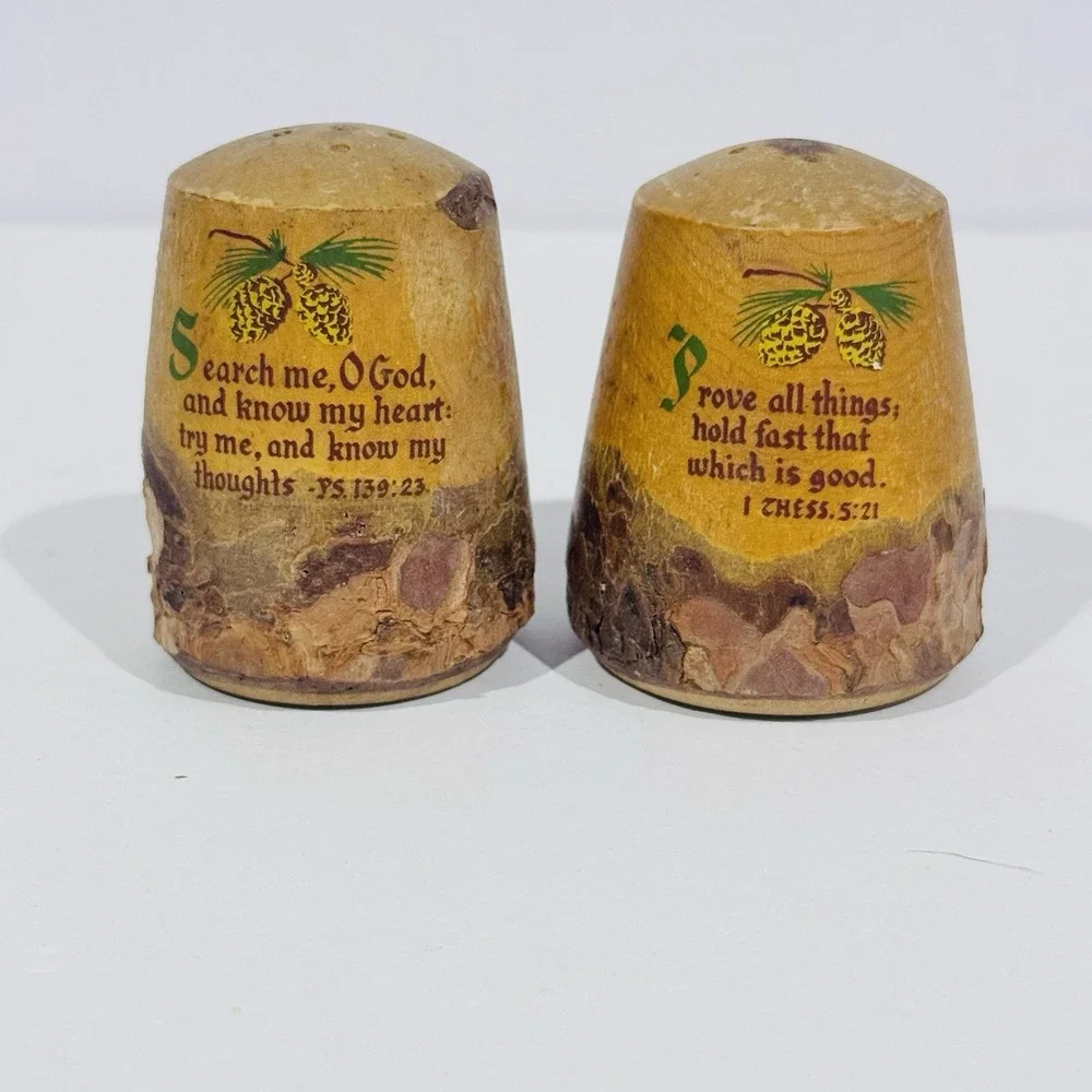 Vintage Salt & Pepper Shaker Set W‎ Cork Stoppers Rustic Pine Wood Bible Verse